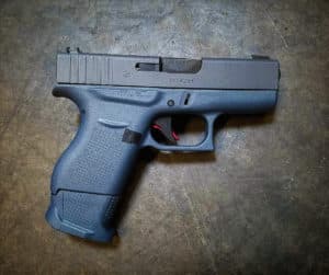 Glock 43 Ridgeway Blue Gray Cerakote koted arms
